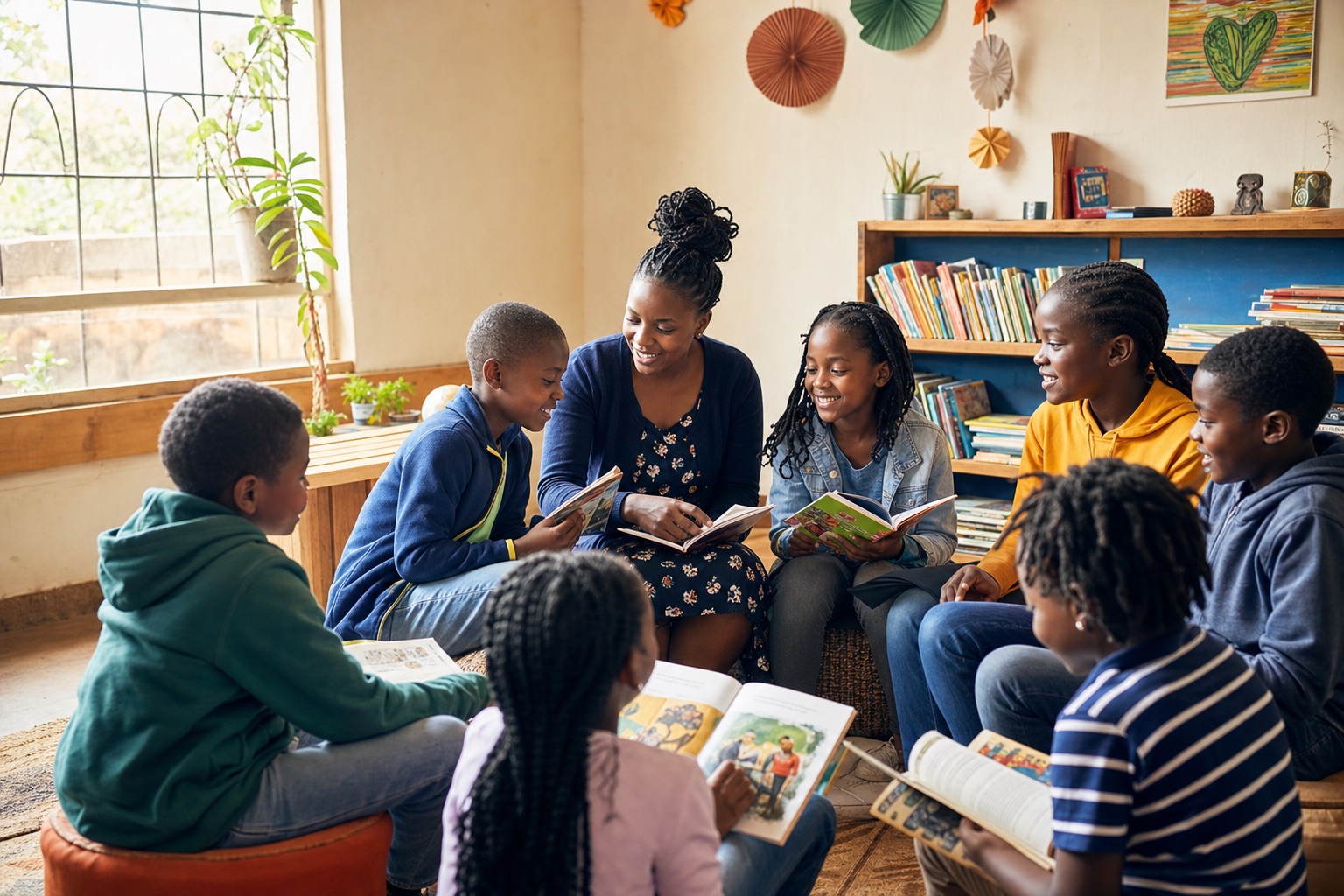 Children gathered around an open picture book during a community reading session